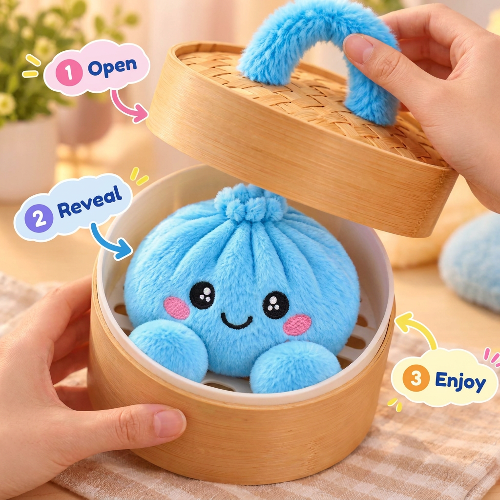 Plushy Dumpling | Stuffed Dumpling Squishies with Bamboo-Style Steamer Basket